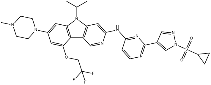 5H-Pyrido[4,3-b]indol-3-amine, N-[2-[1-(cyclopropylsulfonyl)-1H-pyrazol-4-yl]-4-pyrimidinyl]-5-(1-methylethyl)-7-(4-methyl-1-piperazinyl)-9-(2,2,2-trifluoroethoxy)- Structure